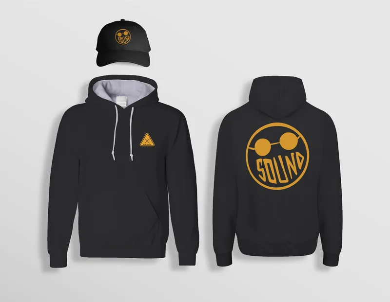 Black Blind Sound Studio hoodie and cap with orange Sound logo
