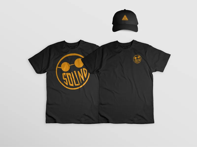 Blind Sound Studio black t-shirts and cap with orange Sound and warning-triangle graphics