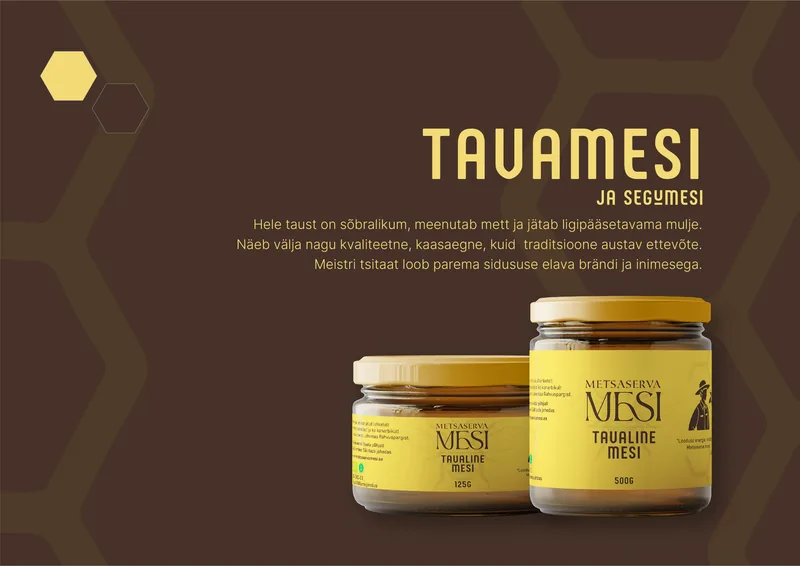 Metsaserva Mesi classic honey jars with new labels on a dark brown honeycomb background