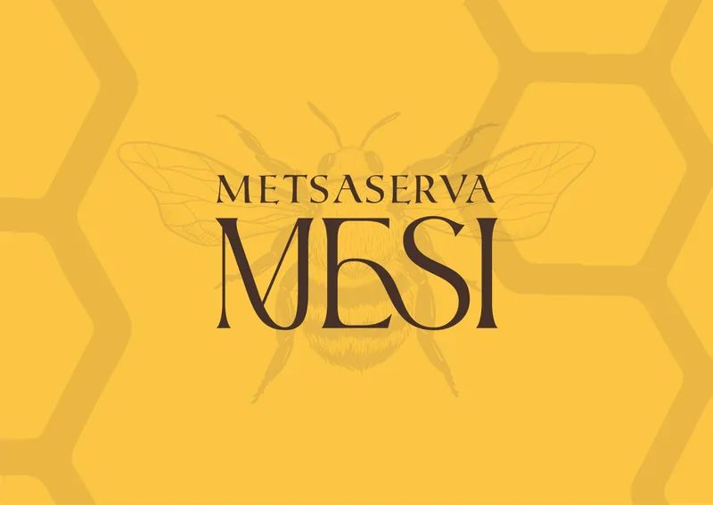 Metsaserva Mesi honey brand logo with bee illustration on a honeycomb yellow background