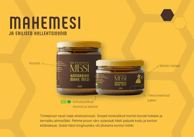 Metsaserva Mesi organic honey (Mahemesi) jar packaging with label callouts