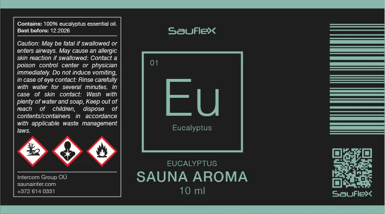 Flat label design for Sauflex eucalyptus sauna aroma with element symbol Eu