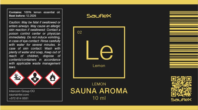 Flat label design for Sauflex lemon sauna aroma with element symbol Le