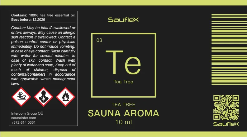 Flat label design for Sauflex tea tree sauna aroma with element symbol Te