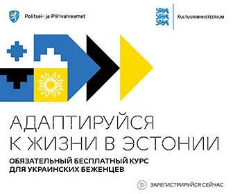 Display ad for the Ukrainian refugee adaptation course with Estonian and Ukrainian folk motifs